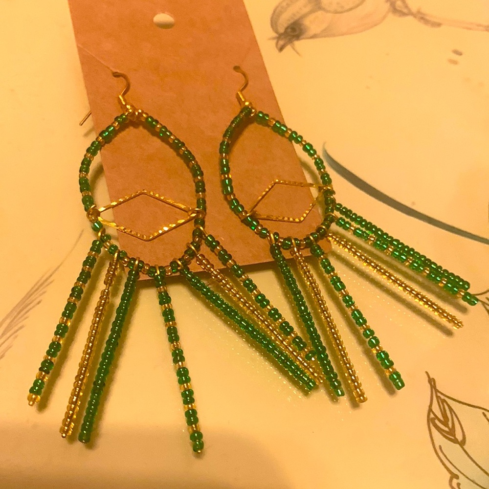 Beaded draped hoop green and gold earrings